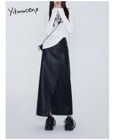 Leather Midi Skirts for Women Split High Waist Skirts Y2k Black Streetwear Fashion New Design Loose Ladies Skirt $64.91 - Bot...