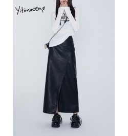 Leather Midi Skirts for Women Split High Waist Skirts Y2k Black Streetwear Fashion New Design Loose Ladies Skirt $64.91 - Bot...