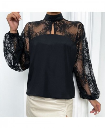 Black Blouse Spring Summer New Lace Sexy Shirt Patchwork Top Pullover Lantern Long Sleeve Solid Color Fashion Women's Clothes...