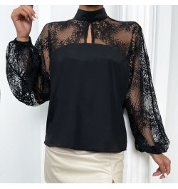 Black Blouse Spring Summer New Lace Sexy Shirt Patchwork Top Pullover Lantern Long Sleeve Solid Color Fashion Women's Clothes...