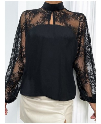 Black Blouse Spring Summer New Lace Sexy Shirt Patchwork Top Pullover Lantern Long Sleeve Solid Color Fashion Women's Clothes...