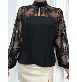 Black Blouse Spring Summer New Lace Sexy Shirt Patchwork Top Pullover Lantern Long Sleeve Solid Color Fashion Women's Clothes...