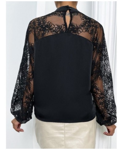 Black Blouse Spring Summer New Lace Sexy Shirt Patchwork Top Pullover Lantern Long Sleeve Solid Color Fashion Women's Clothes...