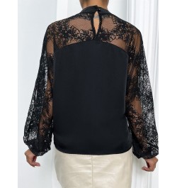 Black Blouse Spring Summer New Lace Sexy Shirt Patchwork Top Pullover Lantern Long Sleeve Solid Color Fashion Women's Clothes...