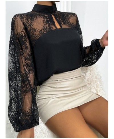 Black Blouse Spring Summer New Lace Sexy Shirt Patchwork Top Pullover Lantern Long Sleeve Solid Color Fashion Women's Clothes...