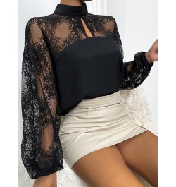 Black Blouse Spring Summer New Lace Sexy Shirt Patchwork Top Pullover Lantern Long Sleeve Solid Color Fashion Women's Clothes...