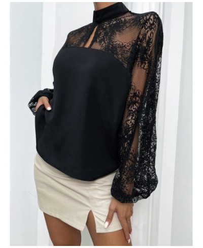 Black Blouse Spring Summer New Lace Sexy Shirt Patchwork Top Pullover Lantern Long Sleeve Solid Color Fashion Women's Clothes...