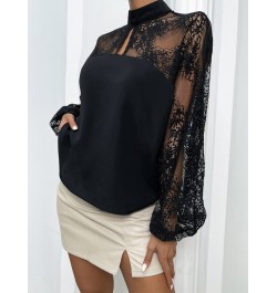 Black Blouse Spring Summer New Lace Sexy Shirt Patchwork Top Pullover Lantern Long Sleeve Solid Color Fashion Women's Clothes...