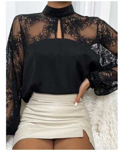 Black Blouse Spring Summer New Lace Sexy Shirt Patchwork Top Pullover Lantern Long Sleeve Solid Color Fashion Women's Clothes...