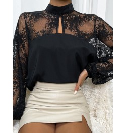 Black Blouse Spring Summer New Lace Sexy Shirt Patchwork Top Pullover Lantern Long Sleeve Solid Color Fashion Women's Clothes...