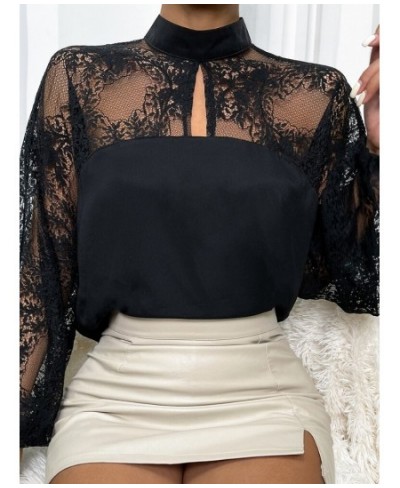 Black Blouse Spring Summer New Lace Sexy Shirt Patchwork Top Pullover Lantern Long Sleeve Solid Color Fashion Women's Clothes...