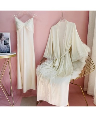 Sexy Lace Trim Sleepwear Female Long Kimono Robe&Nightgown Set Suspender Strap Nightdress Summer Casual Satin Bathrobe Gown $...