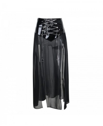 Women Fashion Gothic Long Skirt Mesh See-Through Cross Chain Strappy Skirt Summer Dark Style Side High Slit Skirt $33.60 - Sk...