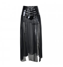 Women Fashion Gothic Long Skirt Mesh See-Through Cross Chain Strappy Skirt Summer Dark Style Side High Slit Skirt $33.60 - Sk...