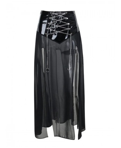 Women Fashion Gothic Long Skirt Mesh See-Through Cross Chain Strappy Skirt Summer Dark Style Side High Slit Skirt $33.60 - Sk...