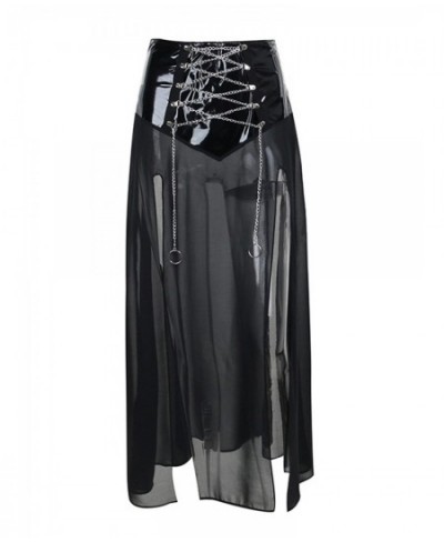 Women Fashion Gothic Long Skirt Mesh See-Through Cross Chain Strappy Skirt Summer Dark Style Side High Slit Skirt $33.60 - Sk...