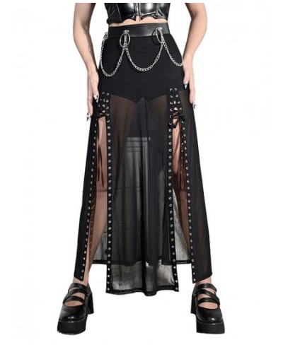 Women Fashion Gothic Long Skirt Mesh See-Through Cross Chain Strappy Skirt Summer Dark Style Side High Slit Skirt $33.60 - Sk...