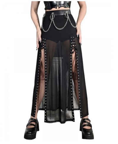 Women Fashion Gothic Long Skirt Mesh See-Through Cross Chain Strappy Skirt Summer Dark Style Side High Slit Skirt $33.60 - Sk...