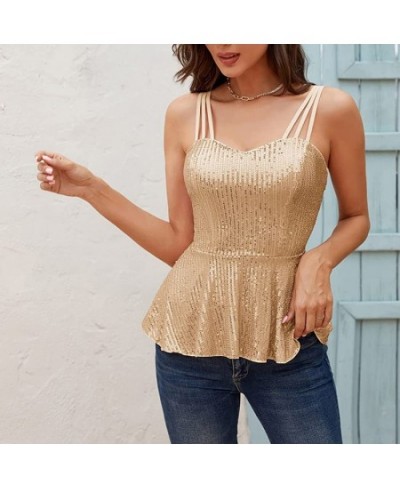 Women Casual V-neck Backless Camisole Fashion Solid Color Sequin Ruffle Suspender Tops for Charming Ladies S/M/L/XL/XXL $29.0...