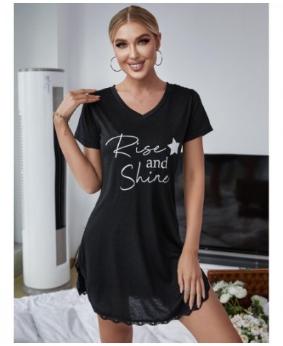 Summer Sexy Sleepwear Women Lace Hem Nightdress V-neck Short Sleeve Pajamas Nighties Nightgown Nightwear Side Split Skirt $26...