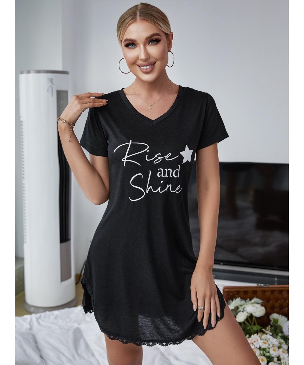 Summer Sexy Sleepwear Women Lace Hem Nightdress V-neck Short Sleeve Pajamas Nighties Nightgown Nightwear Side Split Skirt $26...