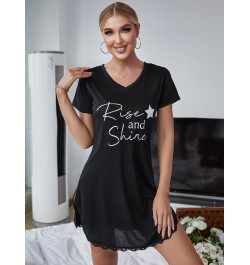 Summer Sexy Sleepwear Women Lace Hem Nightdress V-neck Short Sleeve Pajamas Nighties Nightgown Nightwear Side Split Skirt $26...