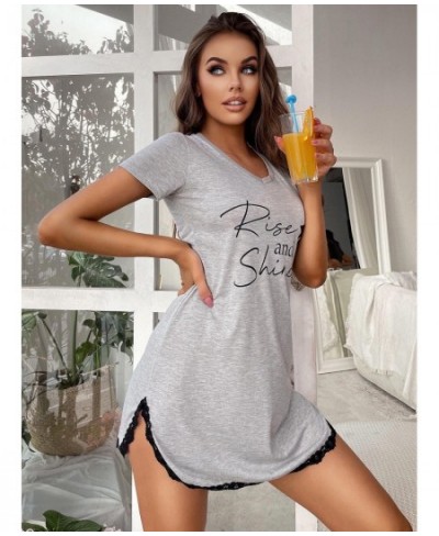 Summer Sexy Sleepwear Women Lace Hem Nightdress V-neck Short Sleeve Pajamas Nighties Nightgown Nightwear Side Split Skirt $26...