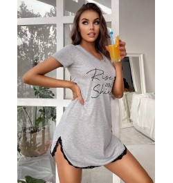 Summer Sexy Sleepwear Women Lace Hem Nightdress V-neck Short Sleeve Pajamas Nighties Nightgown Nightwear Side Split Skirt $26...