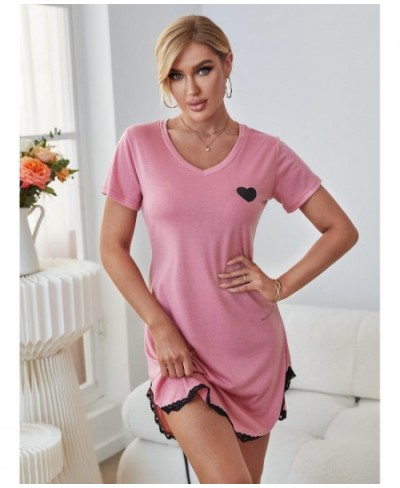 Summer Sexy Sleepwear Women Lace Hem Nightdress V-neck Short Sleeve Pajamas Nighties Nightgown Nightwear Side Split Skirt $26...