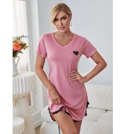 Summer Sexy Sleepwear Women Lace Hem Nightdress V-neck Short Sleeve Pajamas Nighties Nightgown Nightwear Side Split Skirt $26...