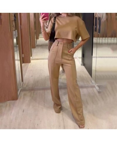 Elegant Lady Short Sleeve T-Shirt And Suit Pants Set Summer Short Tops Women Commuter Set All-match Solid Trouser Two-Piece S...