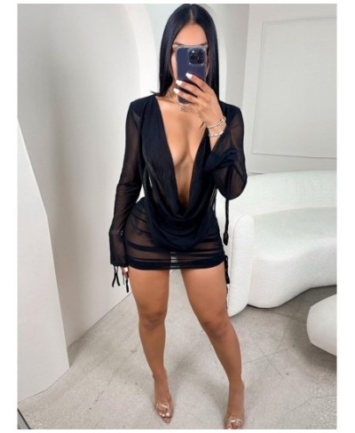 Deep V Neck Sexy Mini Mesh Dress Women Party Outfit 2023 Black See Through Long Sleeve Spring Club Bodycon Dress $31.30 - Dre...