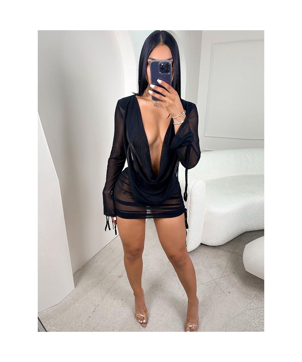 Deep V Neck Sexy Mini Mesh Dress Women Party Outfit 2023 Black See Through Long Sleeve Spring Club Bodycon Dress $31.30 - Dre...