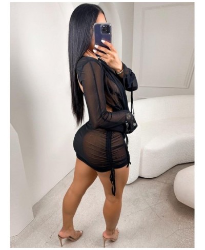 Deep V Neck Sexy Mini Mesh Dress Women Party Outfit 2023 Black See Through Long Sleeve Spring Club Bodycon Dress $31.30 - Dre...