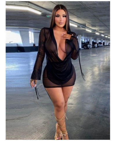 Deep V Neck Sexy Mini Mesh Dress Women Party Outfit 2023 Black See Through Long Sleeve Spring Club Bodycon Dress $31.30 - Dre...