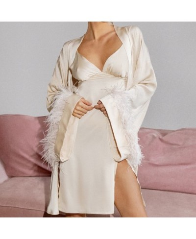 Twinset Robe Suit With Feather Lady Sleepwear Kimono Bathrobe Gown Spaghetti Strap Sleepdress V-Neck Bridal Nightwear $64.76 ...