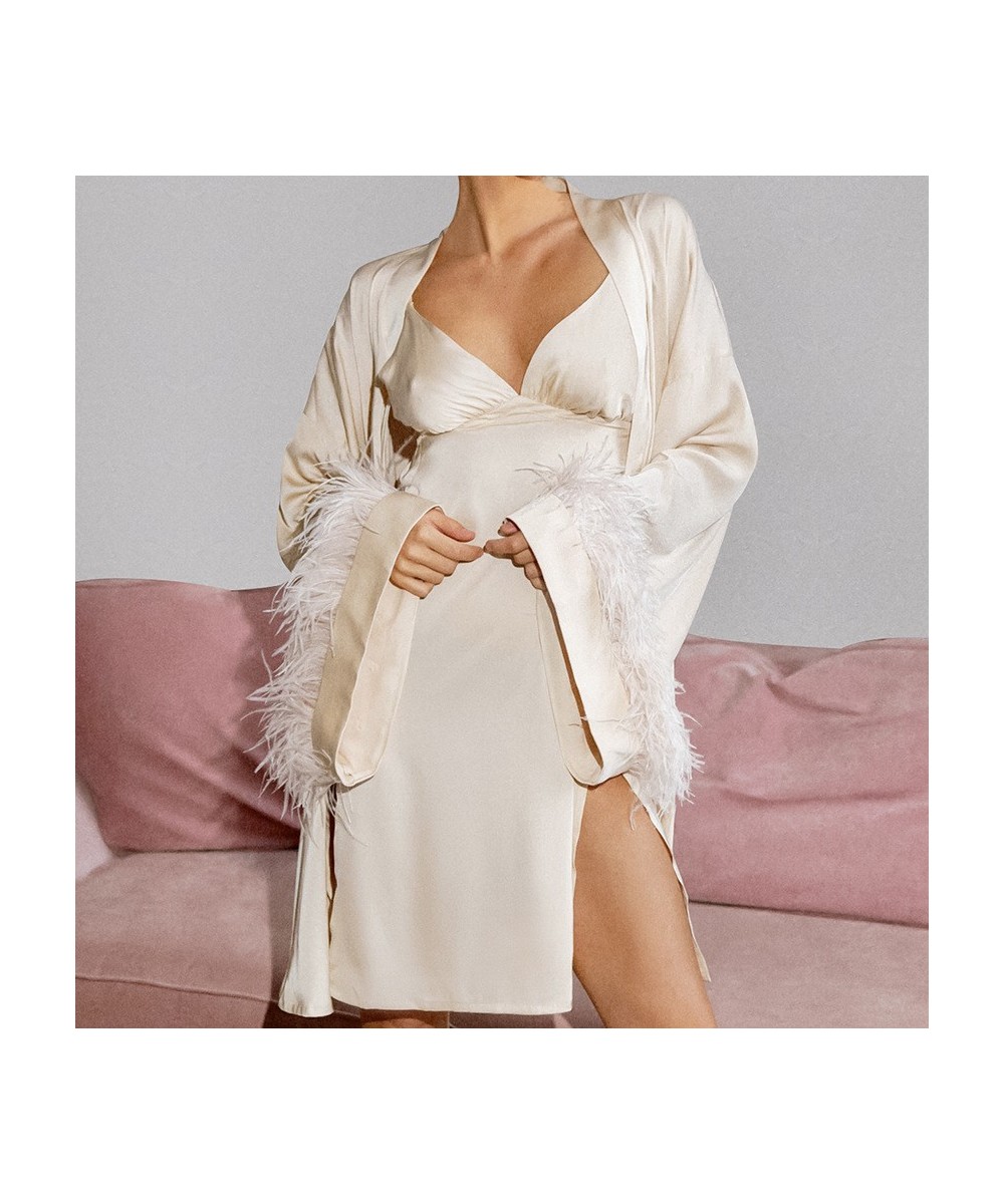 Twinset Robe Suit With Feather Lady Sleepwear Kimono Bathrobe Gown Spaghetti Strap Sleepdress V-Neck Bridal Nightwear $64.76 ...