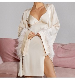 Twinset Robe Suit With Feather Lady Sleepwear Kimono Bathrobe Gown Spaghetti Strap Sleepdress V-Neck Bridal Nightwear $64.76 ...