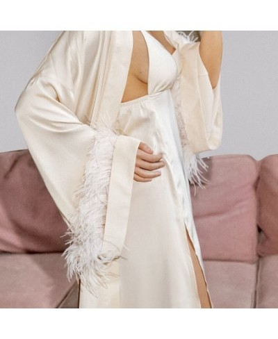 Twinset Robe Suit With Feather Lady Sleepwear Kimono Bathrobe Gown Spaghetti Strap Sleepdress V-Neck Bridal Nightwear $64.76 ...