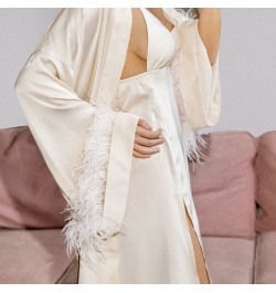 Twinset Robe Suit With Feather Lady Sleepwear Kimono Bathrobe Gown Spaghetti Strap Sleepdress V-Neck Bridal Nightwear $64.76 ...