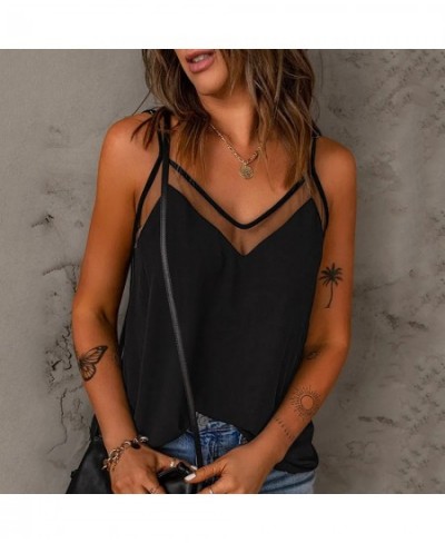 Women Sexy Mesh Stitching Loose Tank Tops Hollow Out V-neck Casual Vintage Summer Solid Color Suspenders Sleeveless Blouse $2...