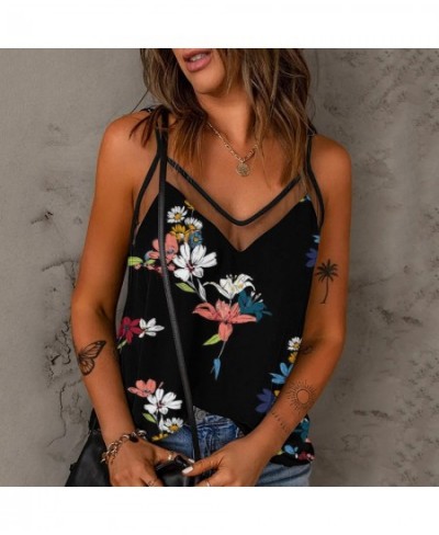 Women Sexy Mesh Stitching Loose Tank Tops Hollow Out V-neck Casual Vintage Summer Solid Color Suspenders Sleeveless Blouse $2...