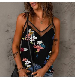 Women Sexy Mesh Stitching Loose Tank Tops Hollow Out V-neck Casual Vintage Summer Solid Color Suspenders Sleeveless Blouse $2...