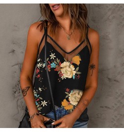 Women Sexy Mesh Stitching Loose Tank Tops Hollow Out V-neck Casual Vintage Summer Solid Color Suspenders Sleeveless Blouse $2...