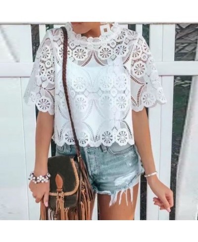 O-Neck White Womens Blouse Vintage Hollow Out Flower Female Ladies Tops Casual Lace Short Sleeve Blouse Shirts Blusas Mujer 3...