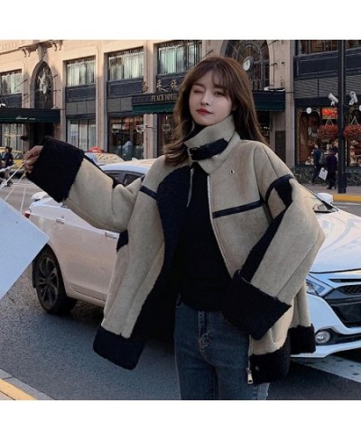 American Retro Jacket Streetwear Harajuku Women's Moto Biker Zipper Jacket Oversized Faux Lamb Fleece Heavy Outerwear 2022 $7...