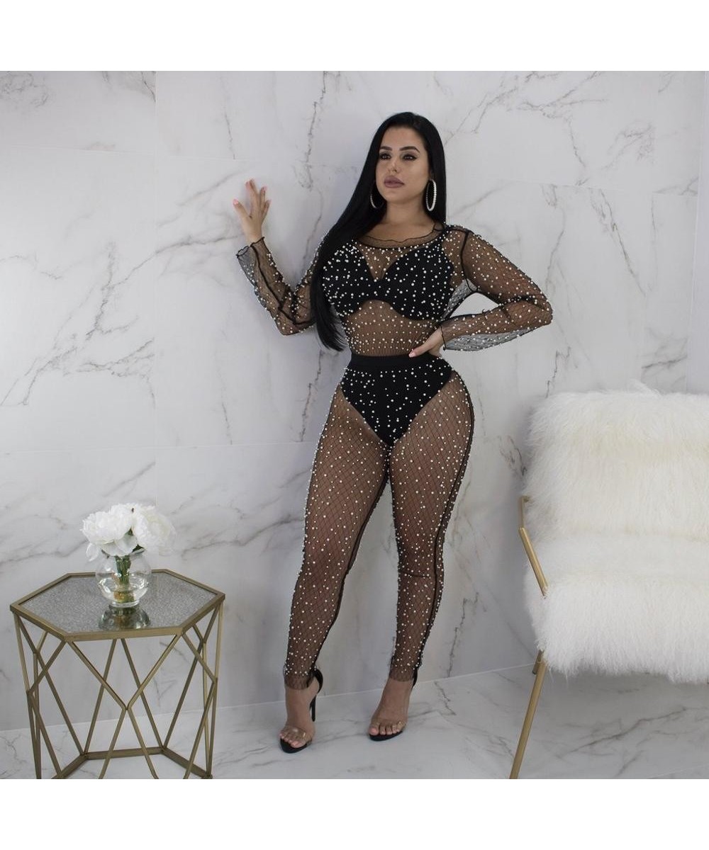 Sexy Club Party Jumpsuit Mesh See Through Novelty Pearls Beaded One Piece Bodysuit Female Full Length Playsuit $41.77 - Jumps...