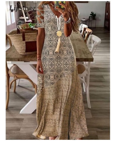 Boho Summer Beach Sundress Robe Female Casual Vintage Print Loose Long Dress Cover Up Women Hollow Short Sleeve Dress Cover-U...