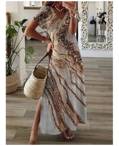 Boho Summer Beach Sundress Robe Female Casual Vintage Print Loose Long Dress Cover Up Women Hollow Short Sleeve Dress Cover-U...