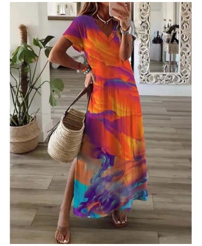 Boho Summer Beach Sundress Robe Female Casual Vintage Print Loose Long Dress Cover Up Women Hollow Short Sleeve Dress Cover-U...